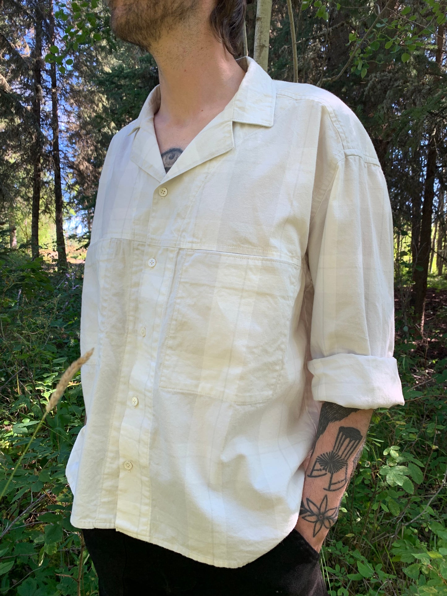 Crop Camp Collar Shirt - Windowpane Brushed Twill SAMPLE