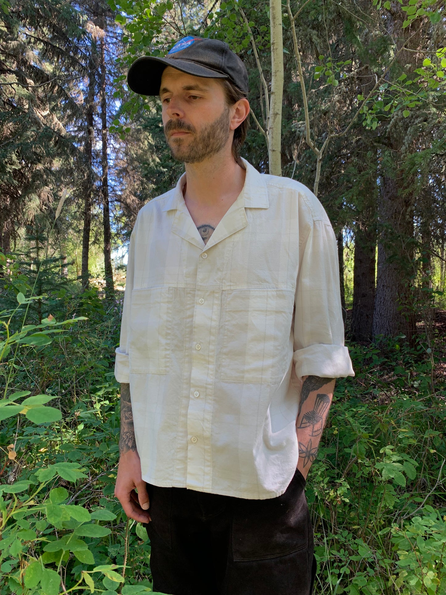 Crop Camp Collar Shirt - Windowpane Brushed Twill SAMPLE