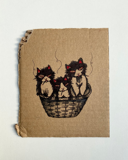 Three Kittens Smoking in a Basket - Original Painting